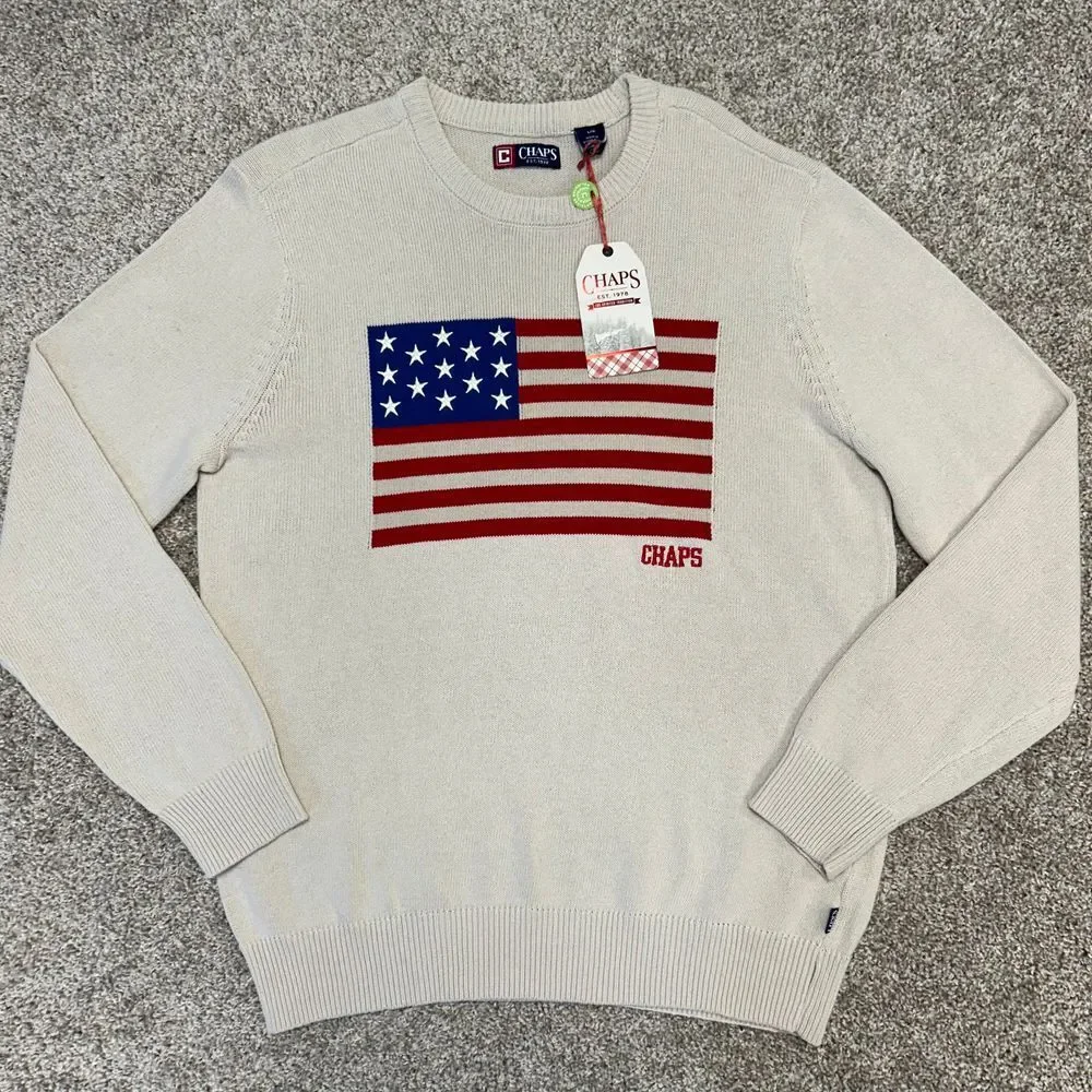 Chaps American Flag USA Sweater‎ Men Size Large Oatmeal Heather Crewneck NWT